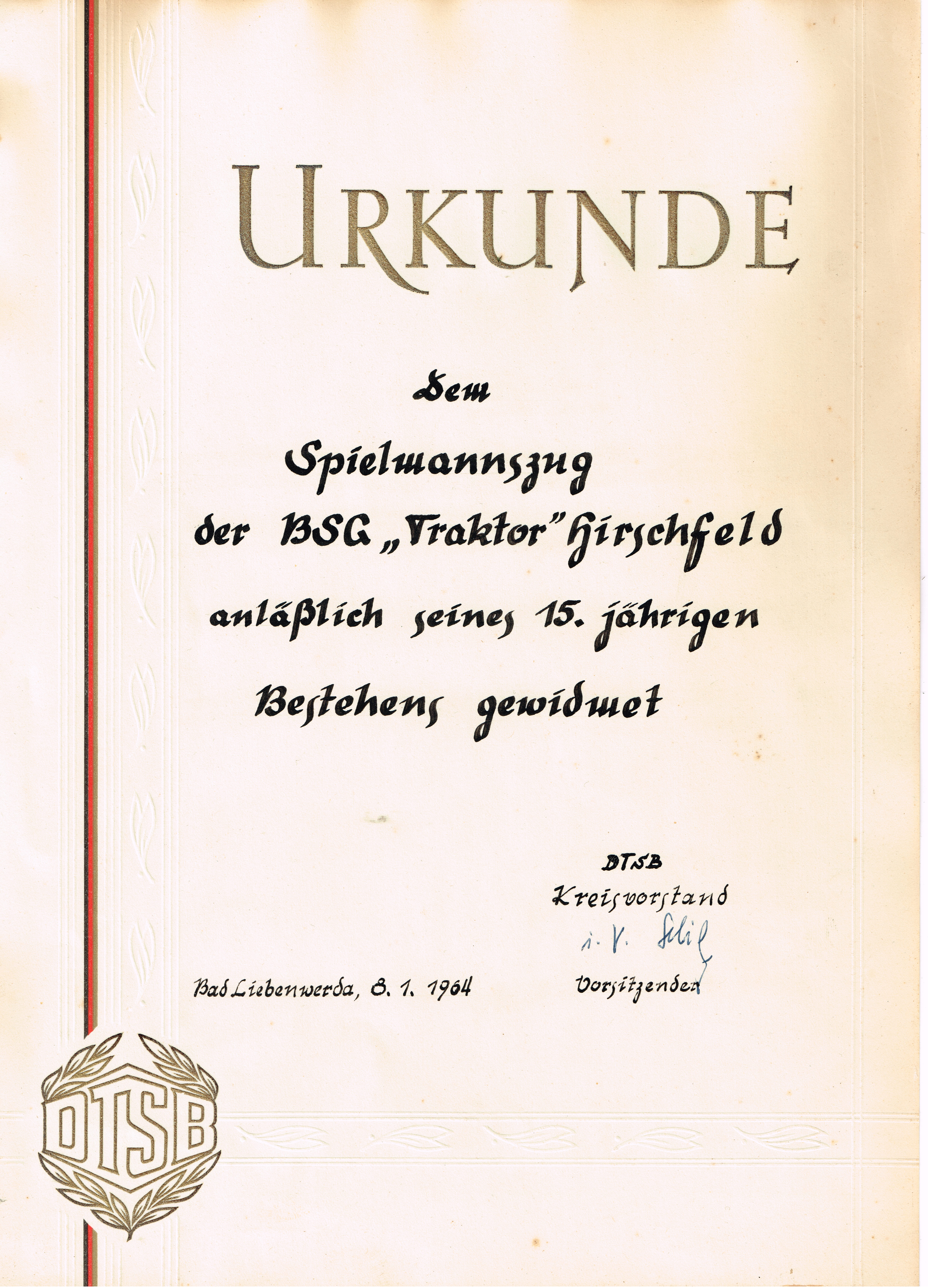 1963 Urkunde 15jähriges Bestehen